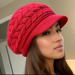 French-style Beret With Brim, Ribbed Knit Hat, Faux Fur Lining, Red